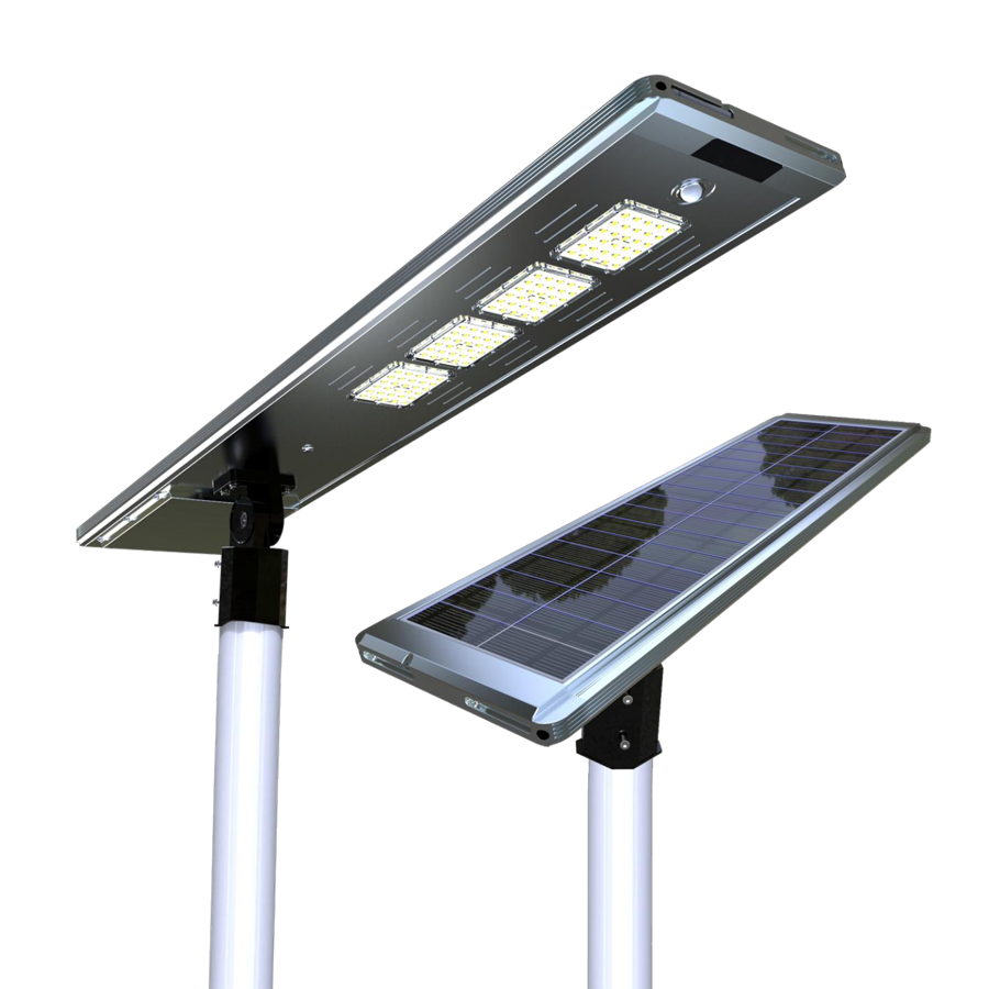 Pair of ultra-thin E-Series solar street lights on poles